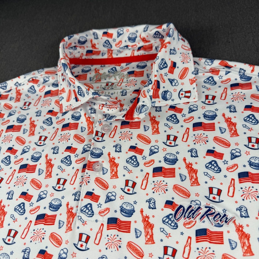 Old Row Mens Americana Polo Shirt Large Patriotic Flag Statue of Liberty White